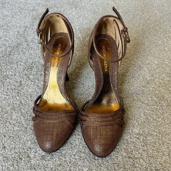 Like New BCBGMAXAZRIA Brown/Gold Leather Heels Size 5.5 - Picture 2 of 7